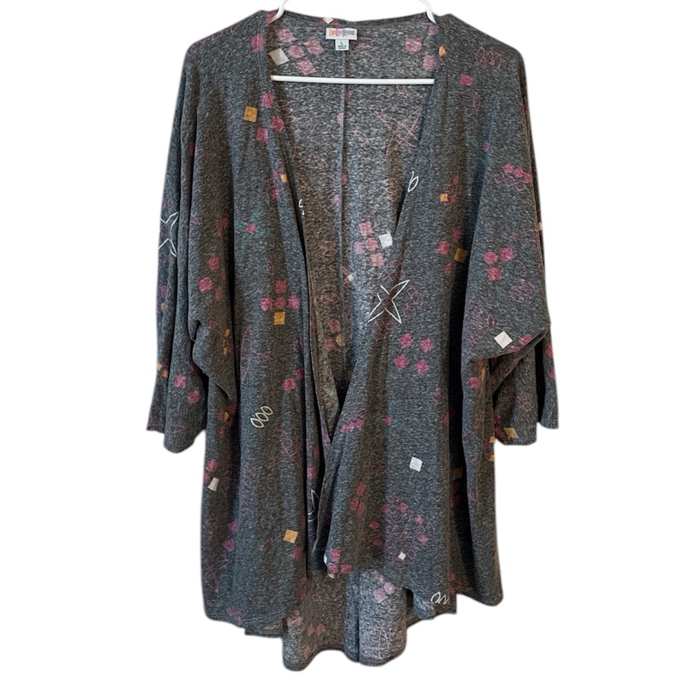 LulaRoe Large Gray Geometric Colorful Patterned Women’s Open Cardigan